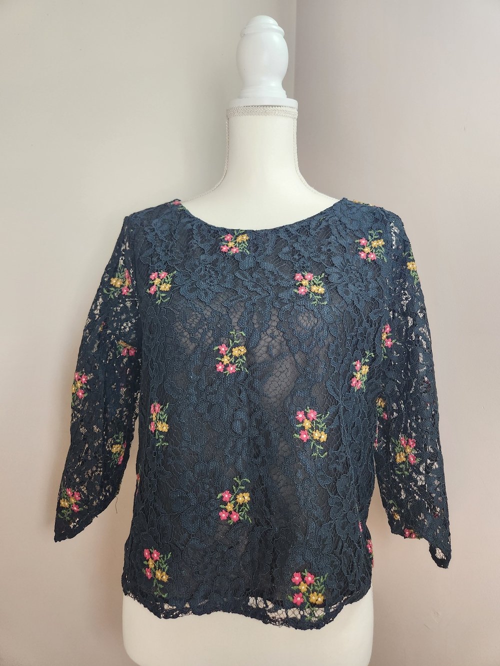 Zara Navy Lace Top with Pink & Yellow Floral Embroidery